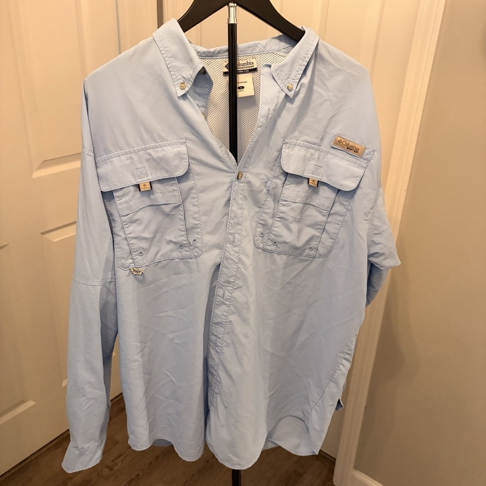 Columbia PFG Bahama II Fishing Shirt Mens Large Blue Long Sleeve Vented UPF EUC